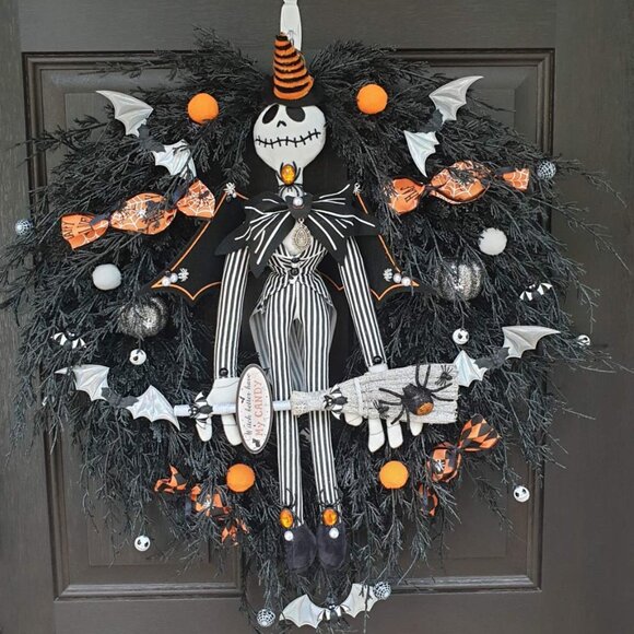 Halloween Jack Skellington Witch Wreath Hanger Wall Spooky Bat Decor  Door Sign - Picture 1 of 12